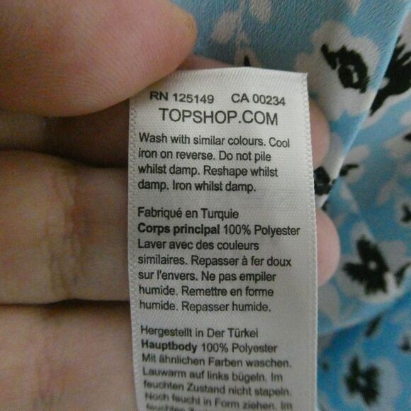 Topshop Floral Button Up Blouse Bubble Sleeve Ruffle Tie Neck Top Blue White - Picture 9 of 10